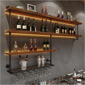 Solid Wood Wall Mounted Wine Rack, Large Wine Rack with LED Light, 4 Tiers Liquor Bottles Floating Shelves with Glass Holder, Industrial Bar Shelves for Home Bar Dining Room (78.7 IN/ 200CM)