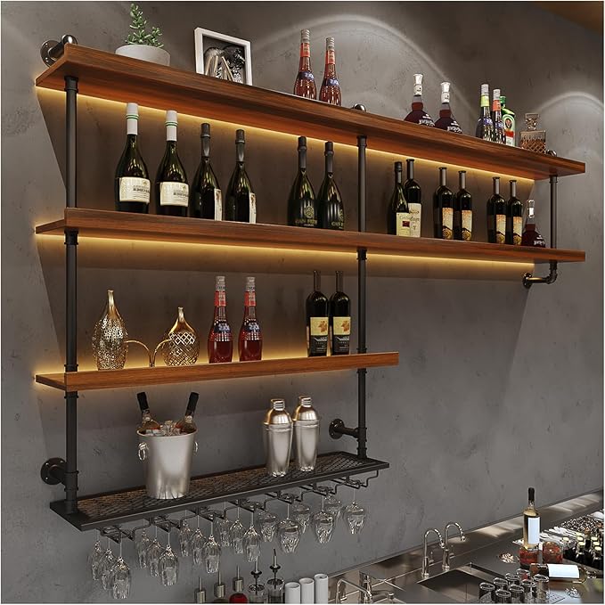 Solid Wood Wall Mounted Wine Rack, Large Wine Rack with LED Light, 4 Tiers Liquor Bottles Floating Shelves with Glass Holder, Industrial Bar Shelves for Home Bar Dining Room (78.7 IN/ 200CM)