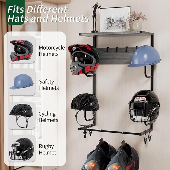 Motorcycle Helmet Holder Wall Mounted, Helmet Holder Wall Mount with Helmet Rack, 4 Glove Chips and 4 hooks, Rustic Helmet Holder and Motorcycle Helmet Rack for Most of Helmet and Clothes (Grey)