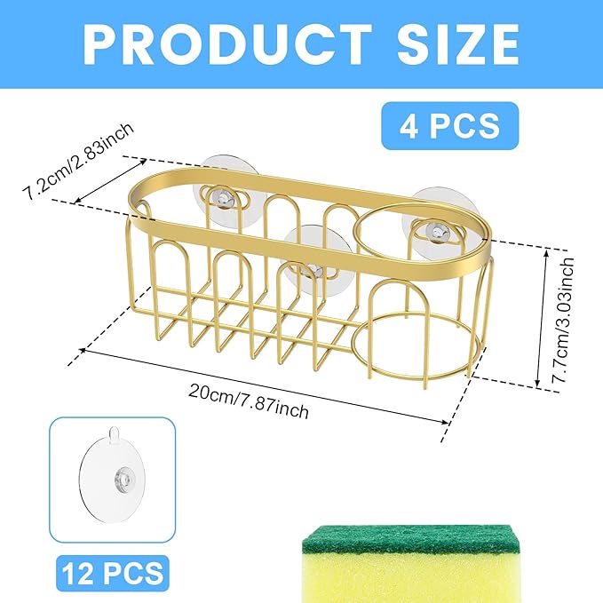 4 Pcs Sponge Holder Stainless Steel Kitchen Sink Caddy with Strong Suction Cups No Drill Practical Dish Sponge Holder for Home Kitchen Sink Bathroom