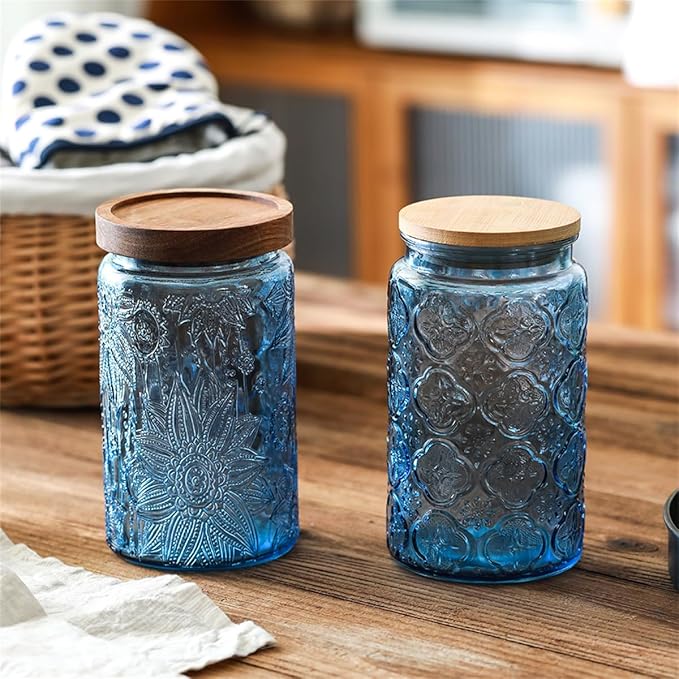 ANSQU Vintage Glass Storage Jar with Lid - 34 oz Mason Jar for Kitchen & Bathroom - Containers for Coffee, Tea, Cookies, Candy, Nuts, Pet Food, Bath Salts - Decorative Pantry Organizer (Blue & Green)