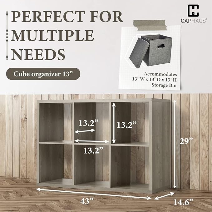 CAPHAUS Sturdy Room 13-Inch Cube Storage Organizer Shelf, with Extra Thick Exterior Edge, Open Storage Shelf Divider, Bookcase, 6/8/9 Cube, Colors Available in Rustic Grey Oak and White