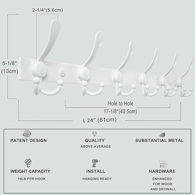 Dseap Coat Rack Wall Mount 2.0 Pro: 24” Long, 3X Tougher, Heavy Duty Stainless Steel Wall Coat Hanger with 6 Tri Hooks for Clothes Jackets Hats Entryway Closet, White, Pack of 2