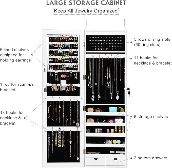 Giantex Jewelry Armoire Cabinet Wall Mounted Door Hanging, Lockable Jewelry Cabinet with Full Length Mirror, 15 LED Lights, Large Storage Jewelry Box Organizers with 2 Drawers (14.5"W x 4"D x 47.5"H)