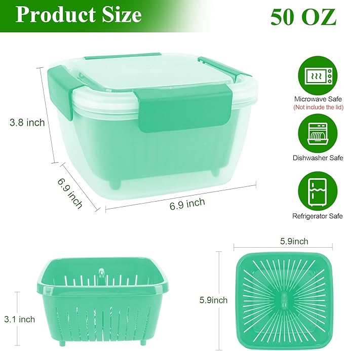 50oz Berry Keeper Fruit Storage Container for Fridge, Fresh Food Produce Saver Containers with Removable Drain Colander, Vegetable Lettuce Keeper Bowl, Refrigerator Organizer, PRESS TO OPEN CLOSE LID