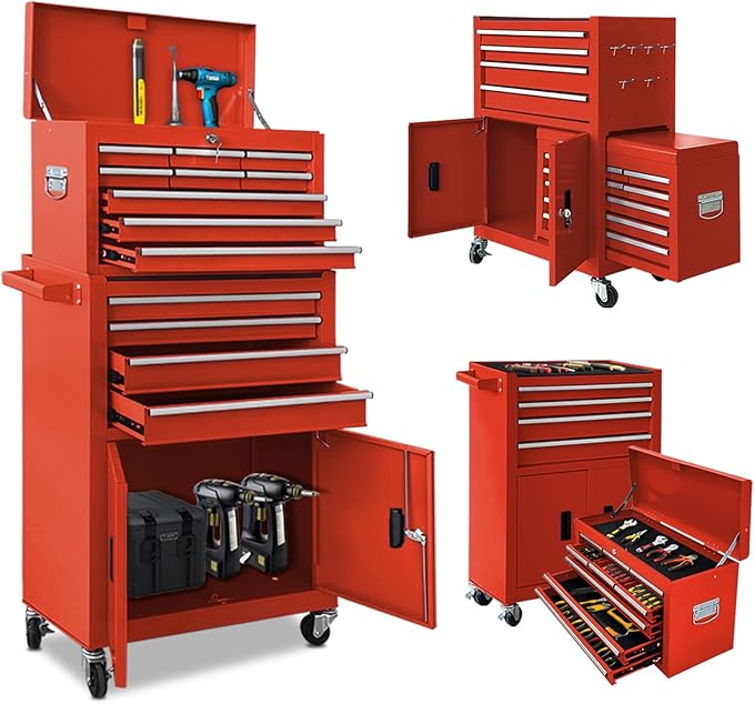Tool Chest 13-Drawer with Double Door Handle,2 in 1 Detachable Rolling Tool Chests with Wheels and Drawers,Large Tool Box with Lock for Warehouse,Garage (Red)