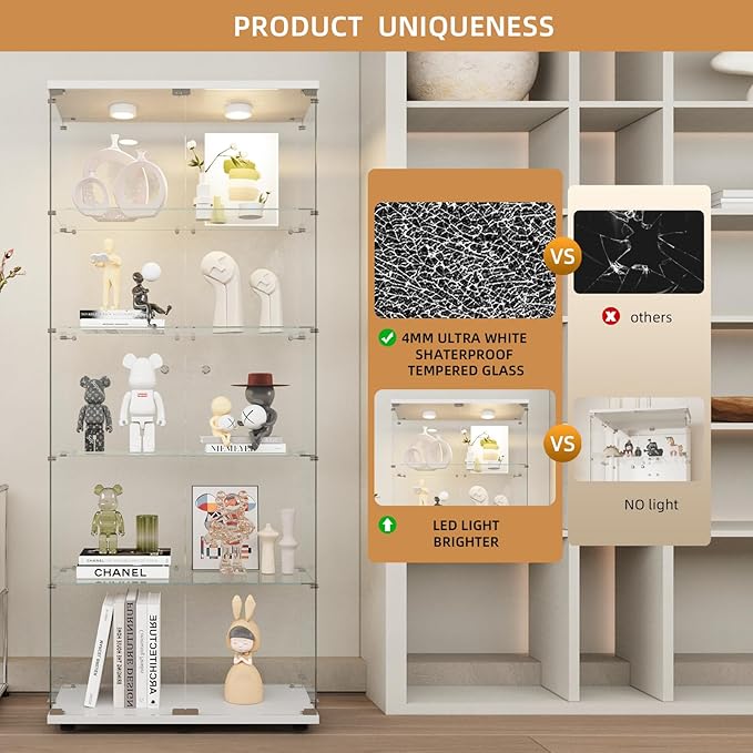 Beauty4U Glass Display Cabinet with Lights, 5 Shelves with 2 Doors, Curio Cabinets for Living Room, Bedroom, Office, White Floor Standing Glass Bookshelf, Quick Installation