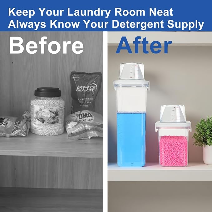 Laundry Detergent Dispenser, Liquid Laundry Container & Powder Soap Dispenser, 2 Pack Plastic Laundry Storage for Laundry Room Organization, Fabric Softener Dispenser (37 oz)