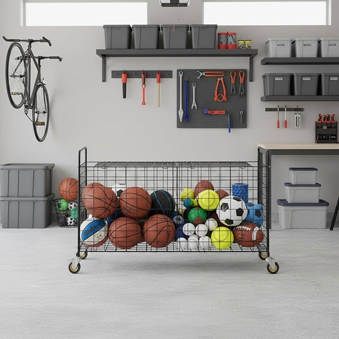 MyGift X-Large Capacity Black Metal Sports Ball and Gym Equipment Storage Rolling Cart with 2 Compartments, Lock Latch and Heavy-Duty Locking Caster Wheels, Garage Ball and Gear Organizer Holder