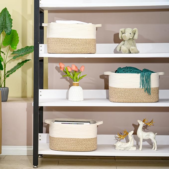 DUHEL Cotton Rope Woven Storage Basket, Used for Baby Hamper Toy Organizer, Gift Baskets Empty,Kids Laundry Basket,Baby Blanket Basket. Size 15x10x8.7 Inches. (White&Brown-3PCS)