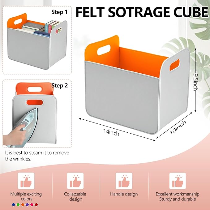 6 Pcs 14x10 Inch Colorful Felt Rectangular Storage Bins Collapsible Storage Basket with Handle for Shelves Closet Bedroom Office Clothes Book Holiday Christmas Stuff Organizer(Gray-rainbow)
