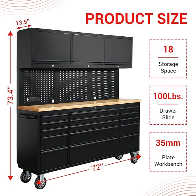 CT Copper Tailor 72-inch Rolling Tool Chest with Integrated Power Strip,15 Drawers and Wheels, Garage Workbench with Storage, 3 Upper Cabinets, Pegboard in Matte Black