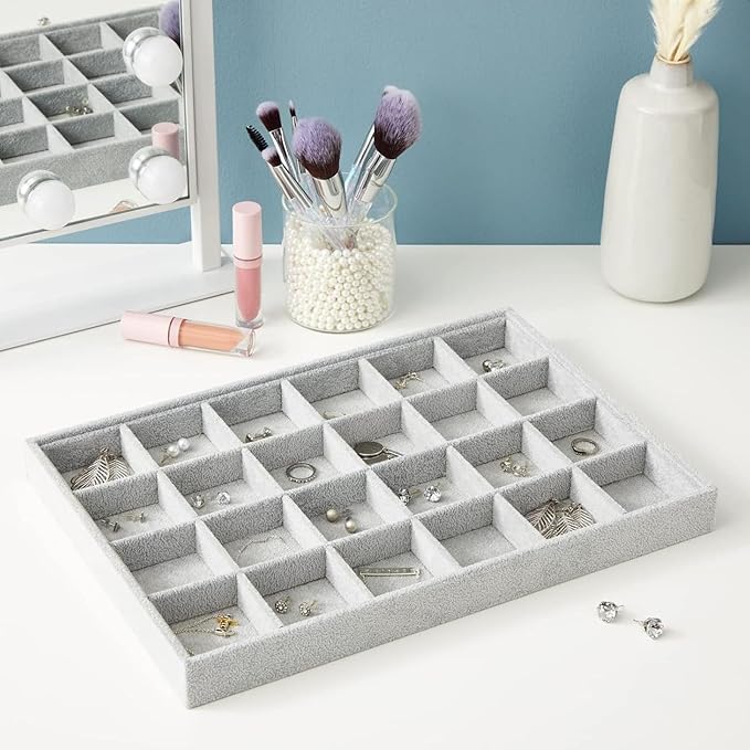 Juvale 2 Pack Velvet Jewelry Organizer Tray for Earrings, Stackable 24 Grid Storage for Rings (Gray, 14x10 in)