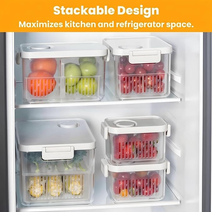 vacane 6 Pack Large Fruit Storage Containers for Fridge with Timing Knob, Produce Saver with Colanders, Lettuce Keeper Vegetable Food Fresh - Dishwasher Safe