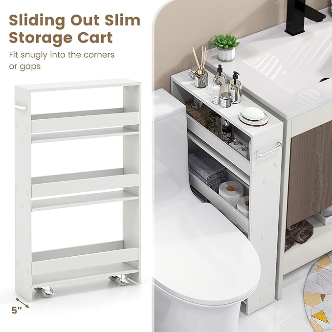 MAT EXPERT Slim Rolling Storage Cart, 4-Tier Freestanding Slim Storage Cart with Wheels 360 Degree & Metal Handle, Wooden Utility Cart for Narrow Kitchen, Laundry Room, Bathroom (Plain White)