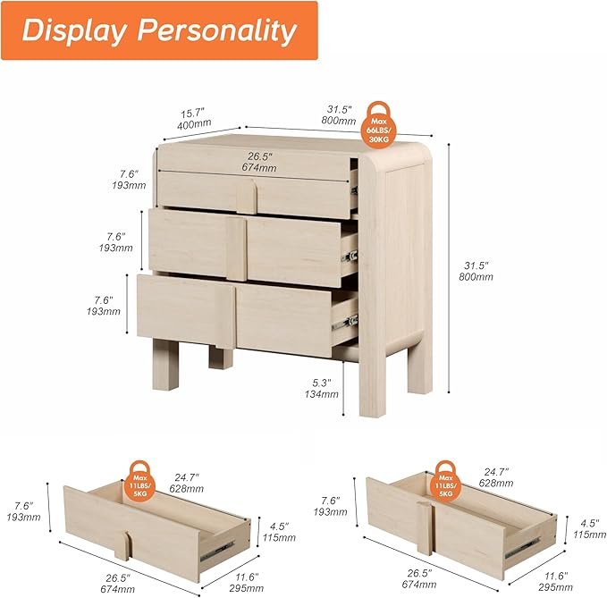 WAMPAT 3 Drawer Dresser for Bedroom,31.5" Wide Mid Century Modern Wide Chest of Drawer, Wood Tall Nightstand with Curved Edge Handles, Closet Dresser TV Stand for Bedroom, Beige