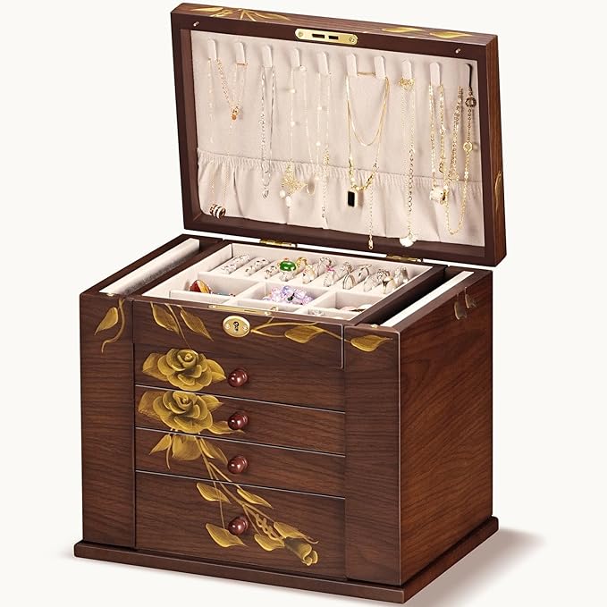 Hand-Painted Wooden Jewelry Boxes for Women - 8-Layer Large Lockable Jewelry Box with Compartments, Dresser Top Jewelry Organizer, Vintage Wooden Jewelry Storage