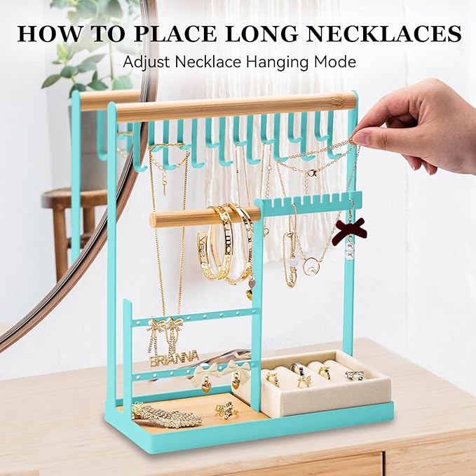 DreamGenius Jewelry Organizer Stand with Velvet Ring Holder, 4 Tier Jewelry Holder Organizer with 15 Hooks for Necklaces and 16 Holes for Earrings, Blue