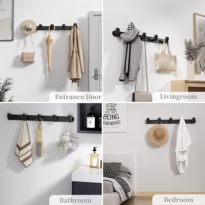 Coat Rack Wall Mount Black, 5 Hooks Rack Metal Coat Hanger Wall for Hanging Hat Purse and Robes, Towel Hook for Bathrooms and Entryway (1 Pack)