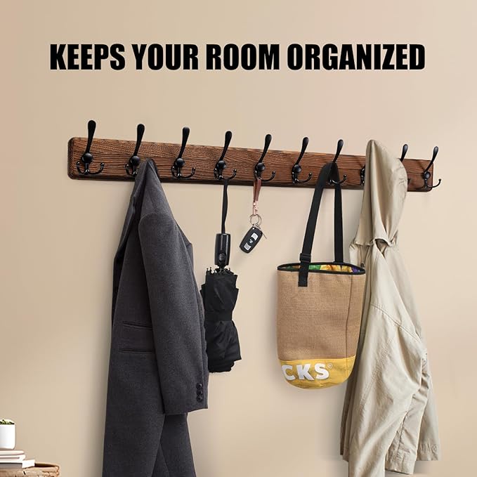 Kruodop Large Coat Rack Wall Mount Coat Hooks Coat Hanger with 10 Metal Black Triple- Hooks Brown Pine Real Wood Plank Hat Rack for Wall Hooks for Hanging Coat Hat Jacket