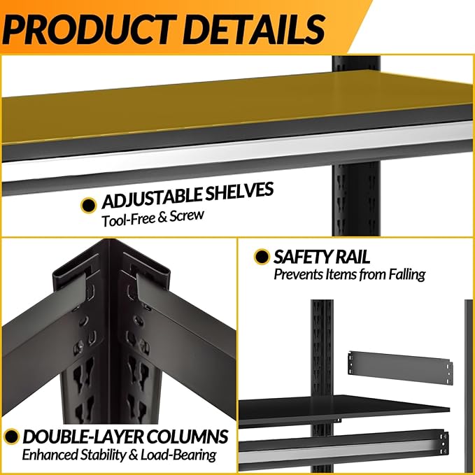 BESFUR 5-Tier Garage Storage Shelves, Heavy Duty Metal Storage Shelving, Adjustable Matal Shelving Unit, 3000 lbs Capacity, for Warehouse Garage Basement, 16"*36"*71", Black