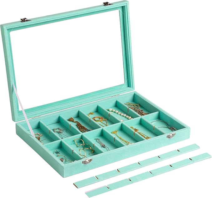 Frebeauty Velvet Jewelry Tray,24 Grid Jewelry Organizer with Clear Lid,Earring Holder Organizer with Clasp,Drawer Insert Rings Pendants Brooches,13.8 x 9.5 x 2 Inches,Gift for Women Girls(Turquoise)