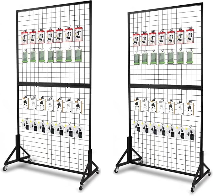 2 Packs 3'x 6' Two-Double Gridwall Panel Display Racks with Sturdy T-Base, Black Grid Wall Panels Display Stand, Display Rack Craft Show, Art Display Stand