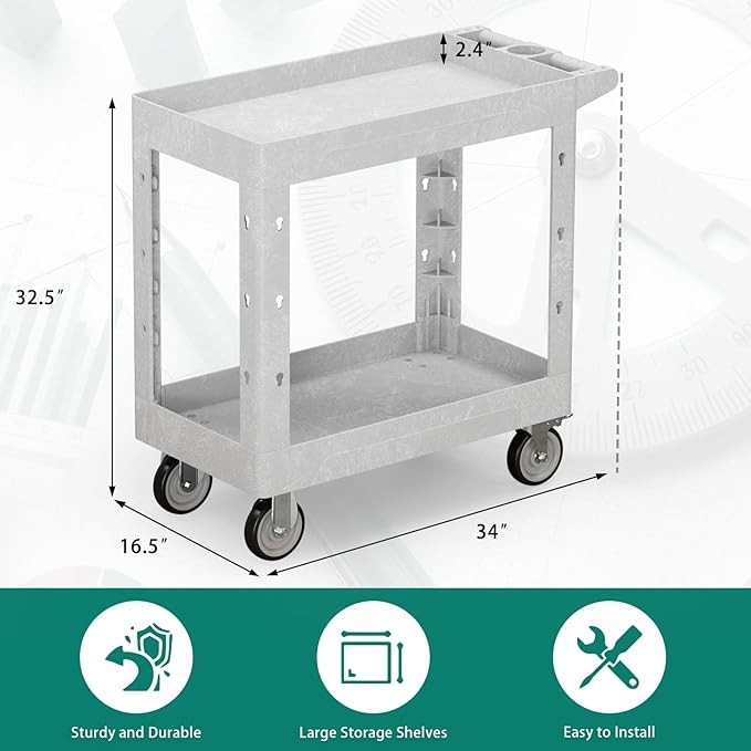 Heavy Duty Utility Rolling Tool Cart, 550 lbs Capacity Plastic Rolling Carts with 360°Swivel Wheels, 34 x 17 Inch Service Cart, 2 Shelf Work Cart for Warehouse,Garage, Cleaning, Grey