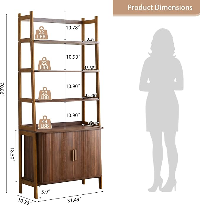 4-Tier Bookshelf, Tall Bookcase with Open Shelf and Sliding Door, 70” Freestanding Storage Organizer Display Cabinet for Living Room, Home Office (Walnut)