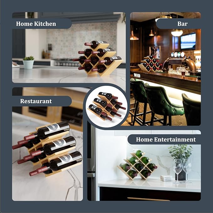 8 Bottle Bamboo Small Wine Rack for Countertop, No Tools Assembly, Modern Lattice Design, Durable, Wine and Liquor Bottle Storage for Small Spaces