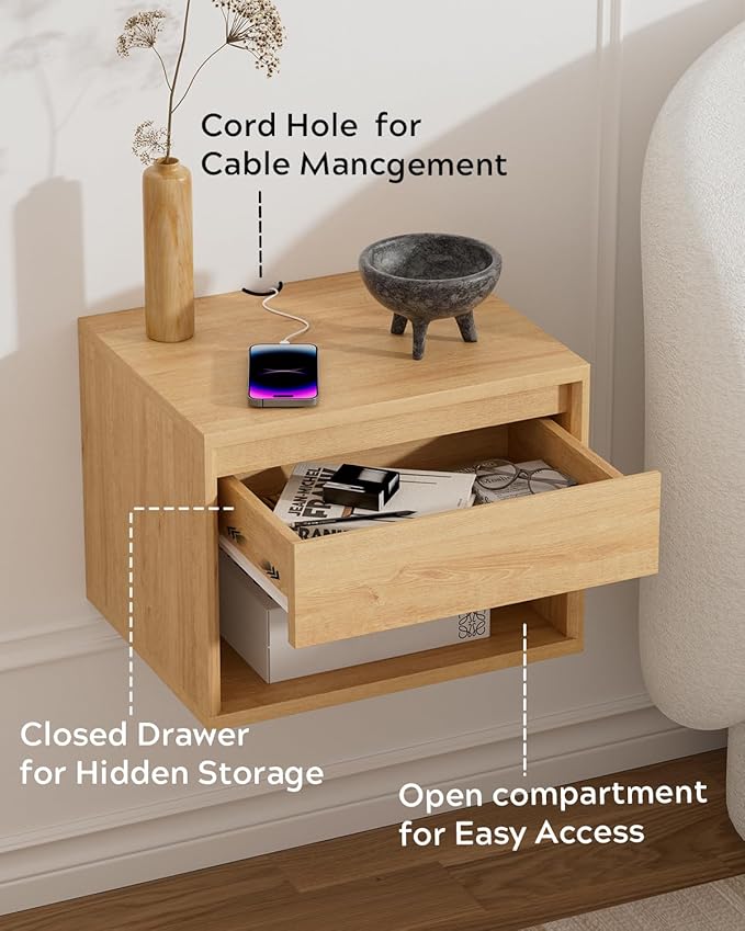 Floating Nightstand, Wall Mounted Bedside Table with Storage Drawer and Open Shelf, Modern Night Stand with Handless Design for Living Room, Bedroom, Dorm, Natural Oak