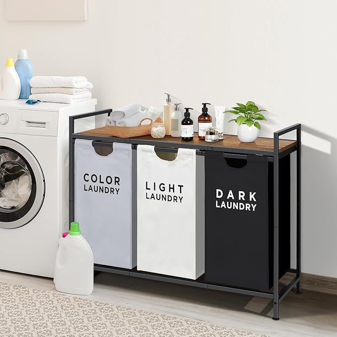 Ollieroo Laundry Hamper,Rolling Laundry Sorter 3 Section,Large Capacity Laundry Basket with Shelf,Laundry Room Organization with 3 Pull-Out and Removable Bags for Bathroom, Laundry Room,Mixed Color