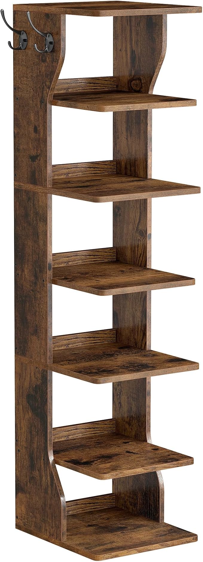 VASAGLE 7-Tier Vertical Shoe Rack, Narrow Shoe Storage Organizer with Hooks, Slim Corner Tower Shelf, Space-Saving for Entryway and Bedroom, Rustic Brown ULBS200KD01