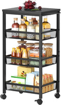 Hoctieon Rolling Storage Cart, 4-Tier Wide Panel Rolling Kitchen Storage Cart, Utility Cart with Handle & Wheels, Mobile Shelving Unit, Metal Frame Narrow Cart for Home Kitchen, Laundry, Black