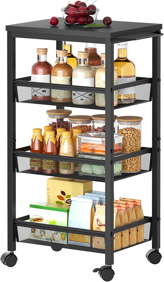 Hoctieon Rolling Storage Cart, 4-Tier Wide Panel Rolling Kitchen Storage Cart, Utility Cart with Handle & Wheels, Mobile Shelving Unit, Metal Frame Narrow Cart for Home Kitchen, Laundry, Black