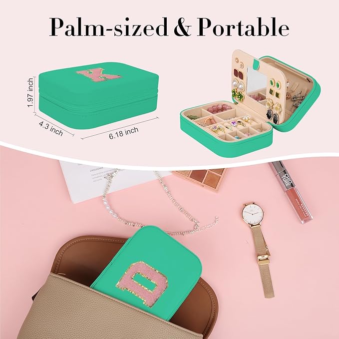 TopPerfekt Travel Jewelry Case, Jewelry Box with Mirror, Jewelry Organizer Bridal Shower Gifts to Her, Earring Storage Travel Case, Trendy Gift for Women and Girls, Girlfriend-Letter D, Green