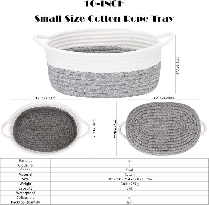 Sea Team 2-Pack Cotton Rope Baskets, 10 x 7 x 4 Inches Small Woven Storage Basket, Fabric Tray, Bowl, Oval Open Dish for Fruits, Jewelry, Keys, Sewing Kits (Grey & White)