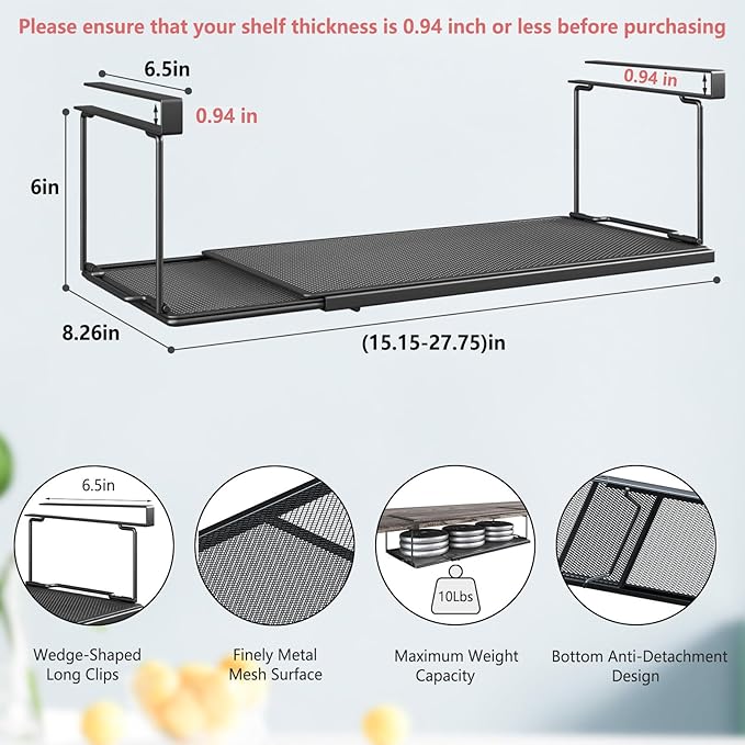 Expandable Under Cabinet Shelf, Extendable Under Shelf Storage with 0.94 Inches Thick Clips for Shoe Rack, Pantry Cabinet, Laundry Room. (Black, 2 Pack, Interior: 6" H x 8.26" D)