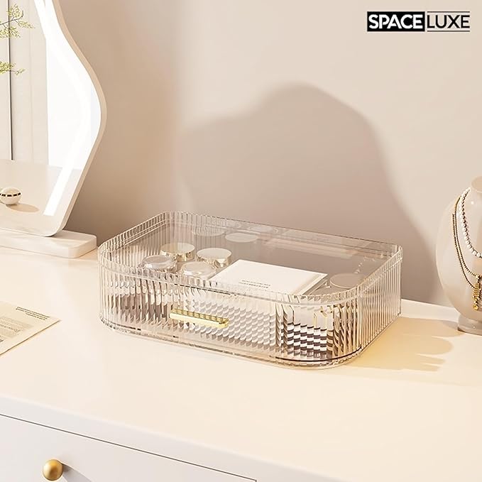 Makeup Organizer with Drawers and 360° Rotating Brush Holder, Large Capacity Cosmetic Storage for Vanity, Skincare, Perfume, Hair Accessories, Lipstick & Jewelry (Clear, 3-layer)