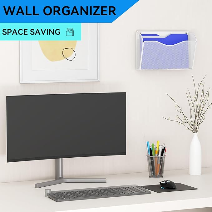 6 Single Pocket Wall File Holder, Mesh Hanging File Folder Paper Organizer, Vertical Wall Mounted Mail Basket, Storage Organization Magazine Rack for Office, Home and School, White