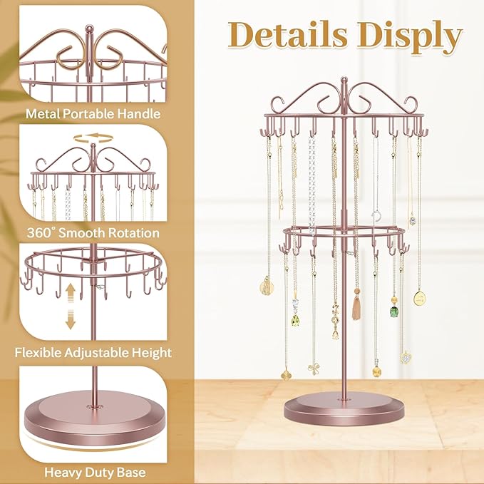 MODOWEY Rotating Necklace Holder Organizer Display Stand with 42 Hooks, 2 Tier Adjustable Metal Tree for Long Necklace Hanger, Tall Spinning Bracelet Storage Rack for Men Women, Rose gold