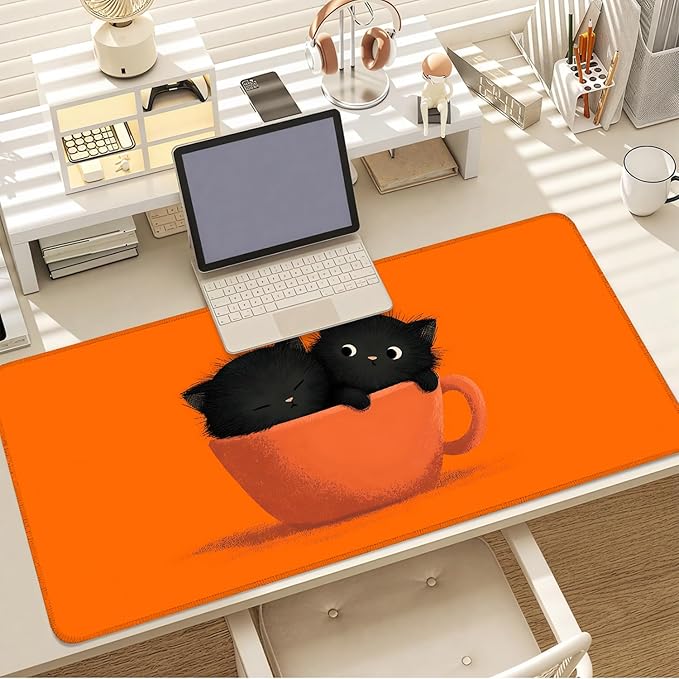 Large Cute Black Cat Mouse Pad, Extended Desk Mat with Non-Slip Base – 35.43 x 15.75 in – Cartoon Kittens in Orange Cup Design, Stitched Edges, Waterproof Gaming Keyboard Pad for Office & Home