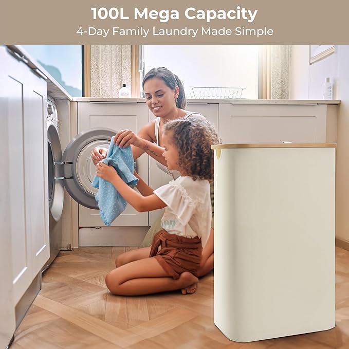 StorageWorks 100L Large Laundry Hamper with Lid, Tall Laundry Basket with Bamboo Handles and 1 Removable Inner Bag, Collapsible Laundry Hamper for Clothing, Towels, Beige, 1-Pack