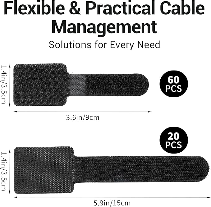 80 Pack Reusable Cable Ties - Self-Adhesive Hook & Loop Straps for Cord Management, Under Desk Wire Organizer, Data Cables, Headphone, Charger, Home Office Use