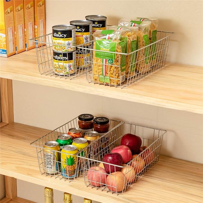 Wire Storage Baskets Freezer Organizing Bins Pantry Food Storage Organizer Metal Basket Wire Grid Design for Cabinets, Pantry, Closets, Freezer, Bedrooms,Kitchen, Set of 2, Chrome