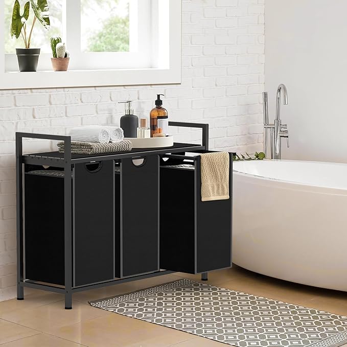 Laundry Hamper, Laundry Sorter with 3 Pull-Out Removable Oxford Fabric Bags Cloth Laundry Basket 3 x 10 Gallons (Charcoal Black)