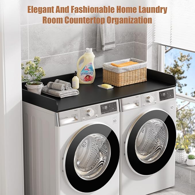 Washer Dryer Countertop, 27.5" D x 54" W Washer and Dryer Topper Covers with Edge Rails, Wood Laundry Room Countertop Shelves for Laundry Room Organization and Storage (Black)