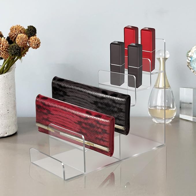 Acrylic Wallet Display Stand Purse Handbag Organizer, Clear Jewelry Riser Display Stand Purse Display Rack, Acrylic Display Shelf for Cosmetic Perfume Jewelry Sunglasses Handbag (4 Tier)
