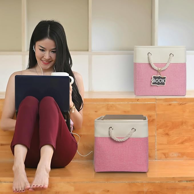 13 Inch Cube Storage Bins[6 Pack],Fabric Storage Cubes with Rope Handles, Eco-Friendly Linen Collapsible Organizers for Closet, Nursery, Toys, Office, Bathroom – Dual Color Design.(White&Pink)