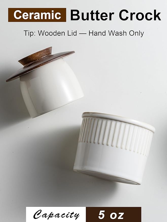 Ceramic Butter Dish With Lid, Butter Crock for Countertop, French Butter Keeper Holder for Spreadable Butter, Classic Stripe, Cream White